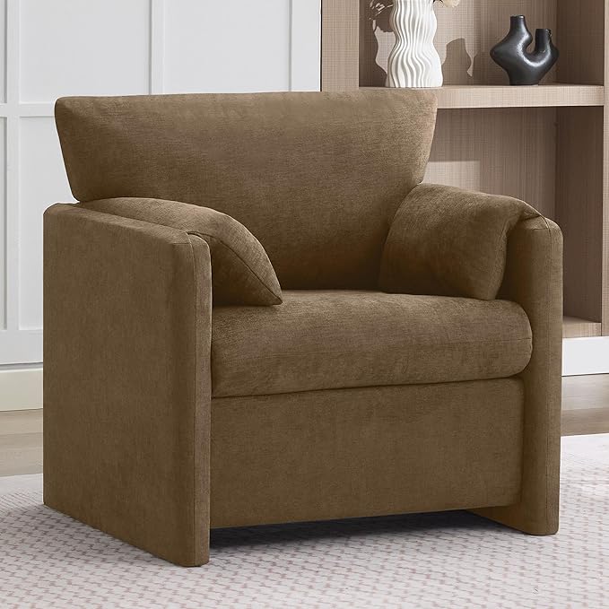 Oversized Accent Chair for Living Room, 32.68" Large Modern Armchair with Deep Seat, Mid-Century Comfy Reading Chair with Padded Arms, Chenille Single Sofa Chairs for Bedroom, Dark Brown