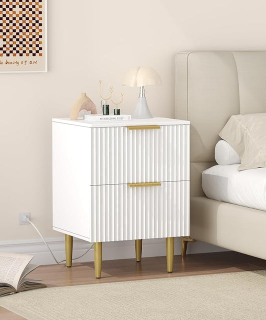 Akxomel White Nightstand Set of 2, Fluted Night Stand with Charging Station, 13.8" D x 15" W x 23.2" H, 2 Drawers Modern Bedside Table with USB Ports and Outlets, Golden Side Table for Bedroom