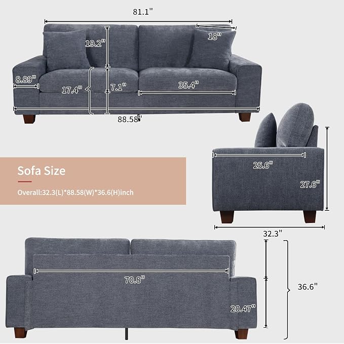 DOPEDIO Modern Loveseat Sofa for Living Room,Chenille Recliner, Removable Cover, Pocket Spring Cushions, Solid Wood Frame, Easy Assembly for Small Spaces (88.58inch，Blue)