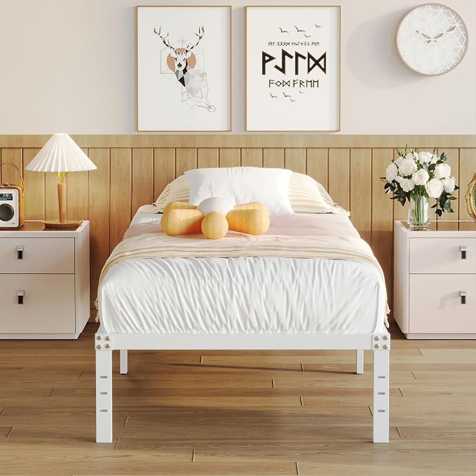 YUSENHEEI 14 Inch Twin Bed Frames No Box Spring Needed, Heavy Duty Metal Twin Platform Bed Frame with Large Underbed Storage Space, Noise Free, Easy Assembly, White