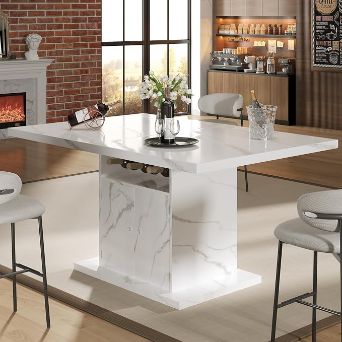 Extendable Dining Room Table for 4-6, 47-63 Inch Faux Marble Extendable Dining Table, Modern Expandable Rectangle Kitchen Dining Table with Storage for Kitchen Living Room