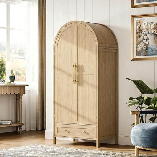 VINGLI Arched Wardrobe Closet Armoire with Drawer, 70" Tall Wooden Wardrobe Closet,Clothing Storage Cabinet, Large Capacity Storage, Natural Oak