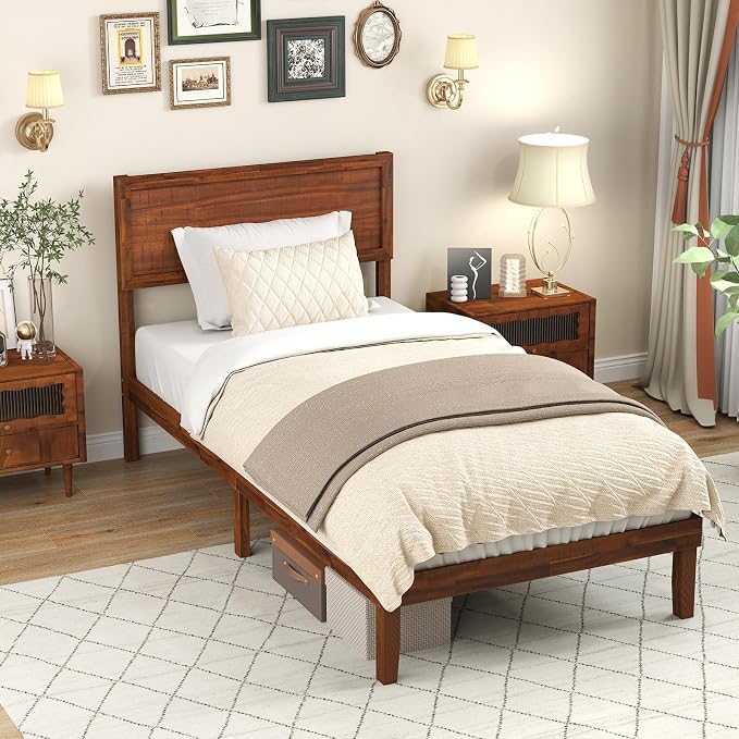 KOMFOTT Twin Size Wood Bed Frame with Headboard, Solid Acacia Wood Platform Bed Frame, Wooden Slats Supported Bed Base with Under-Bed Storage Space, No Box Spring Needed Mattress Foundation