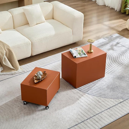 Rolling Modern Coffee Table Set of 2 with Wheels, Leather Square Coffee Table and End Table Sets, Minimalist Center Table, Luxury Wooden Cube Side Table for Living Room Bedroom Apartment,Orange