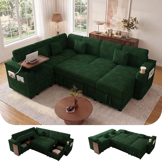 L-Shaped Sectional Sleeper Sofa with Pull Out Bed, Green | Plush Corduroy, Reclining Backrest, Storage Chaise, Usb Ports, Cup Holders & Table – Modular Cloud Couch for Living Room