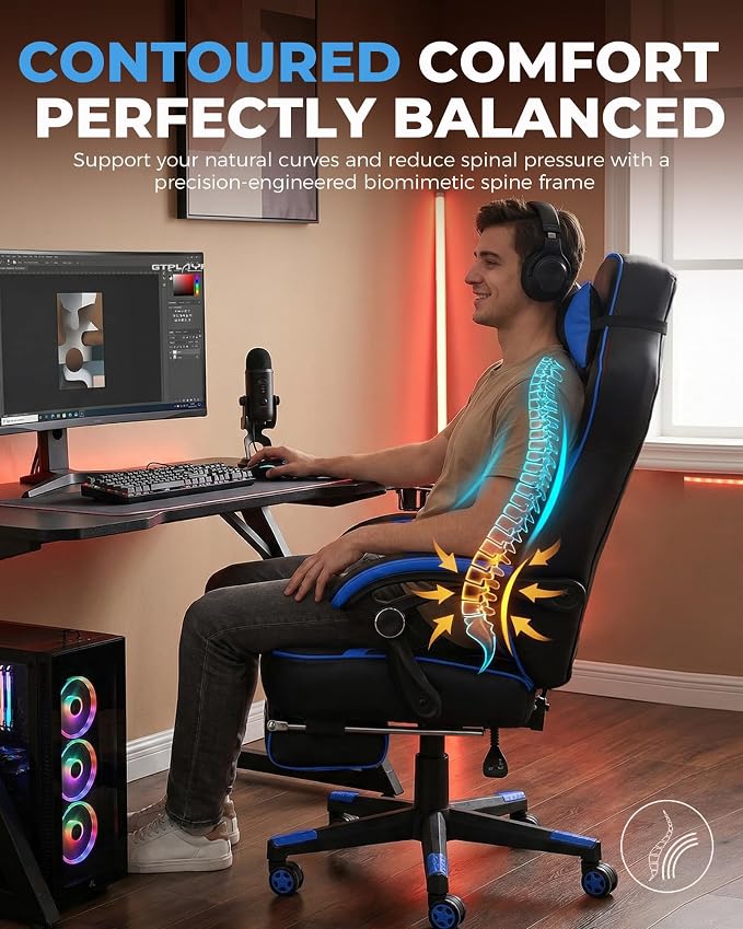 GTPLAYER Gaming Chair with Footrest, Big and Tall Game Chair 350lb Racing Style Computer Chair, Ergonomic Executive Office Chair High Back with Lumbar Support and Recliner, Blue