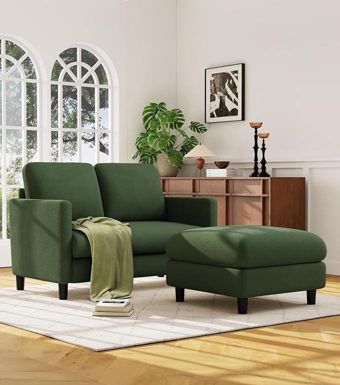 Welzona Loveseat, 51" Small L Shaped Couch, Comfy Teddy Love Seat with Ottoman Set, Tool-Free Setup Loveseat Sofa with Ottoman, All-Wood Small Sofa Couch for Bedroom, Couch for Living Room, Green