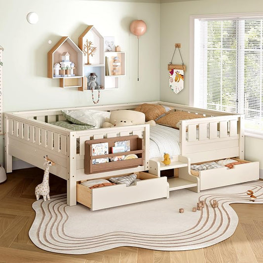 Bellemave Queen Size Kids Montessori Bed with Stairs and Bookshelf,Solid Wood Queen Size Kids Bed Frame with Drawers and Storage for Girls Boys,Low-Profile,Beige