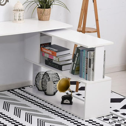 HOMCOM 47 Inch L Shaped Desk, Corner Computer Desk, 360 Degree Rotating Home Office Desk with Storage Shelves, Writing Table Workstation, White