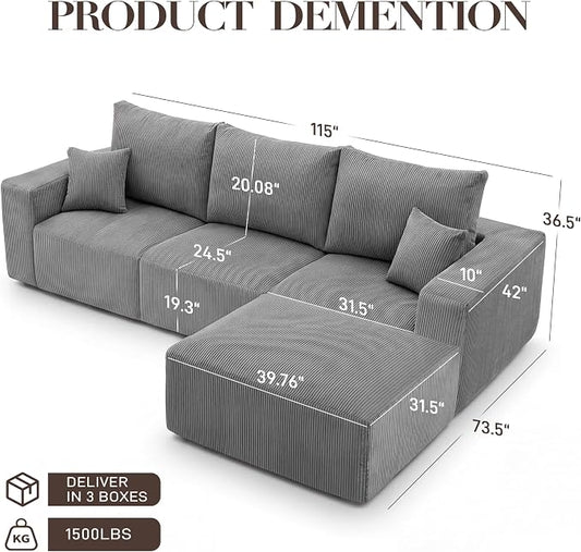 Living&Giving 115" Modular Cloud Boneless Couch, L-Shaped Sectional Sofa with Ottoman, Premium Corduroy Floor Couch, High-Density Foam & Firm Back Support for Living Room Apartment, Grey | Boneless Couch