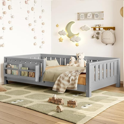 Bellemave Twin Size Montessori Floor Bed with Rails and Slats, Twin Size Floor Bed with Bookshelf and Fence, Low Profile Montessori Beds Frame for Girls, Boys, White