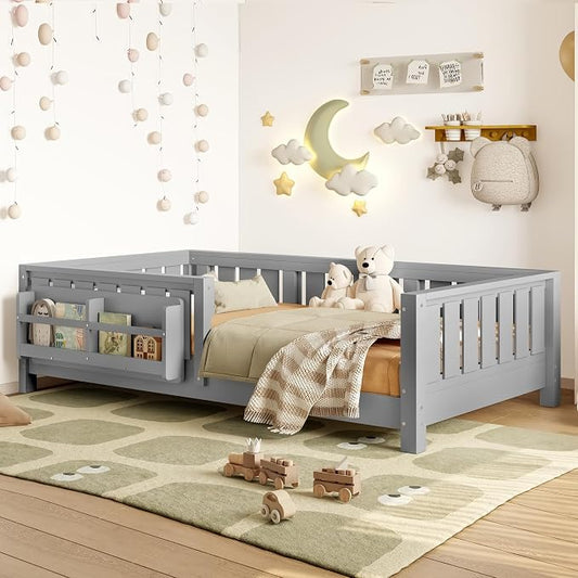 Bellemave Twin Size Montessori Floor Bed with Rails and Slats, Twin Size Floor Bed with Bookshelf and Fence, Low Profile Montessori Beds Frame for Girls, Boys, White