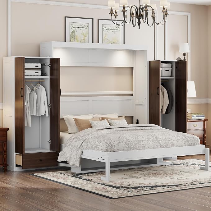 Queen Murphy Bed with Storage Wardrobes, Drawers and Drop-Down Desk | Space-saving wall bed with top LED lights, 500 lbs capacity and recommended 8-inch mattress fit for guest rooms or offices