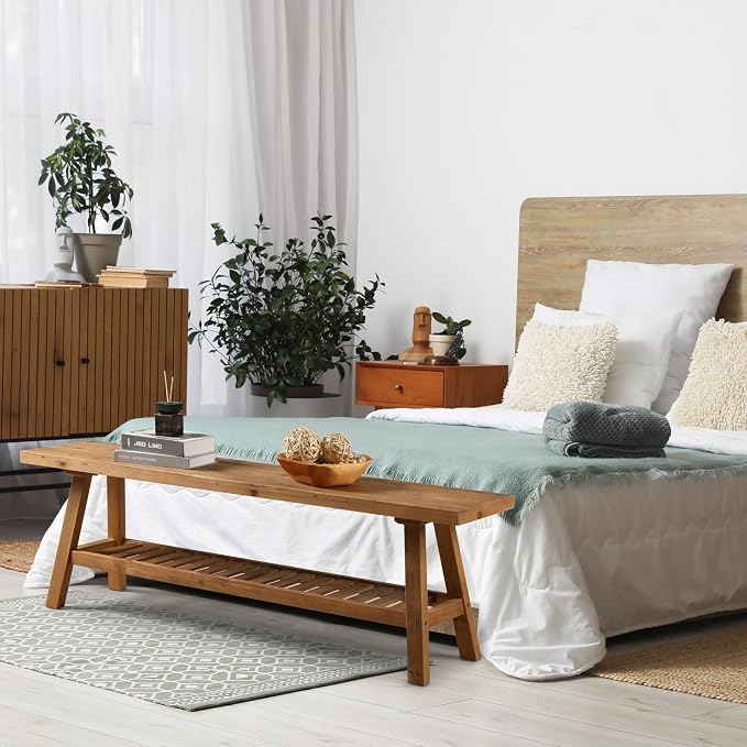 HOKYHOKY Reclaimed Solid Wood Bench-55 Inches Farmhouse Entryway Bench with Storage Shelf, Narrow Rustic Bench for Hallway, Kitchen, Bedroom, Dining