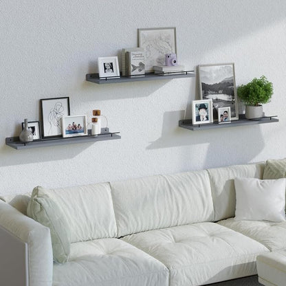 WOPITUES Floating Shelves 24 inch with Black Metal Guardrail, Shelves for Wall Decor Set of 3, Wall Shelves for Bedroom, Bathroom, Kitchen, Living Room, Plants, Picture Frames, Art- Grey