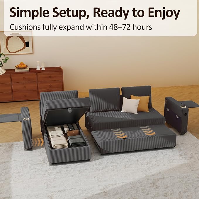 Ball & Cast 80" Sectional Sleeper Sofa Bed Pull Out Couches for Living Room | L Shaped Convertible Pull Out Sofa Bed with Storage Chaise, Foldable Table, USB Port, Cup Holder, Side Pocket for Small Space