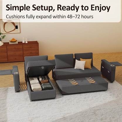 Ball & Cast 80" Sectional Sleeper Sofa Bed Pull Out Couches for Living Room | L Shaped Convertible Pull Out Sofa Bed with Storage Chaise, LED Lights, Foldable Table, USB Ports, Cup Holder and Side Pocket