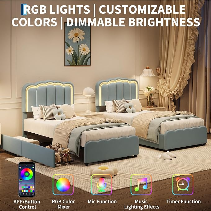 Garvee Twin Size Bed Frame with 2 Storage Drawers and LED Lights, Upholstered Platform Twin Bed with Adjustable Headboard, Wooden Slats Support, No Box Spring Needed, Easy Assembly, Blue