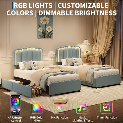 Garvee Twin Size Bed Frame with 2 Storage Drawers and LED Lights, Upholstered Platform Twin Bed with Adjustable Headboard, Wooden Slats Support, No Box Spring Needed, Easy Assembly, Blue