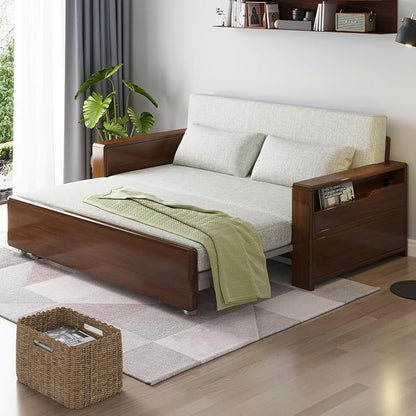 59" 3 in 1 Convertible Sleeper Sofa with Storage, Grey Soft Cushion Sectional Couch, Reversible Chaise, Walnut Wood Frame Pull-Out Bed for Living Room, Apartment, Office