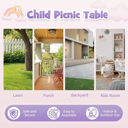 JOYMOR Kids Picnic Table with Removable Umbrella, Plastic Kids Activity Table for Outdoors, Toddler Table and Bench Set for Ages 3+, Ideal for Garden, Patio, Pink & Purple
