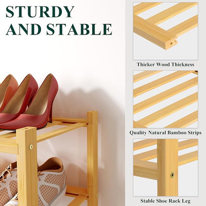 Smiry Small Bamboo Shoe Rack, 2 Tier Free Standing Wooden Shoe Organizer, Stackable Wood Shoe Storage Shelf for Closet, Entryway, 12 Vertical Slats, One-piece Standard Legs, 17.3"x11"x13", Natural