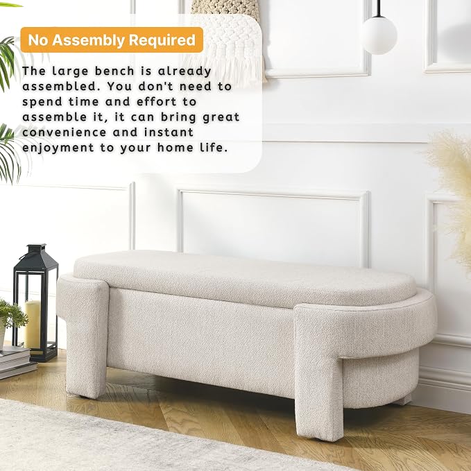 51.5" Oval Storage Bench End of Bed Storage Benches Linen Fabric Upholstered Ottoman Bench with Large Storage Space for Living Room Entryway Bedroom Hallway (Beige, 51.5 inch)