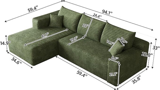 JINGLING 94" L Shape Couch with Left Chaise, Memory Foam Boneless Sectional Sofa in a Box, No Assembly Modular Small Couches for Small Spaces, Living Room, Apartments, Plush Corduroy, Green