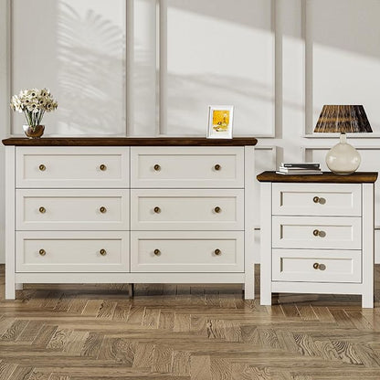 Farmhouse Dresser Nightstand Sets, 2-Piece Bedroom Furniture Set for Home | 6 Drawer Dresser Closet & 3 Drawer Nightstand, Chest of Drawers for Bedroom, Living Room, Entryway, Antique White