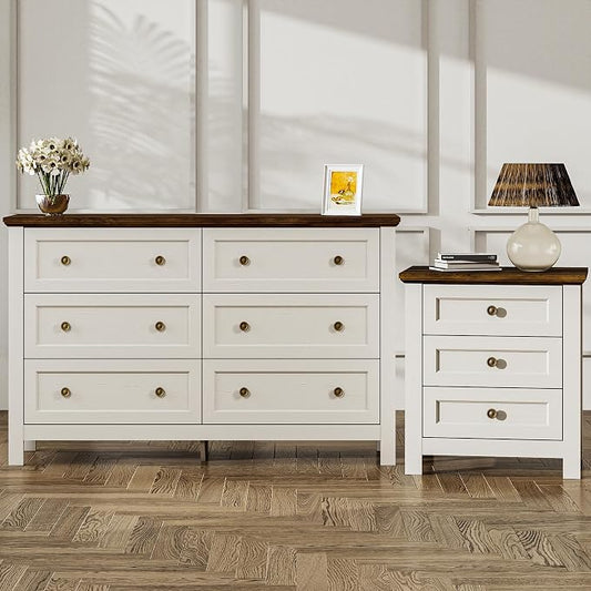 Farmhouse Dresser Nightstand Sets, 2-Piece Bedroom Furniture Set for Home | 6 Drawer Dresser Closet & 3 Drawer Nightstand, Chest of Drawers for Bedroom, Living Room, Entryway, Antique White