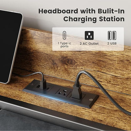 Liians King Size Bed Frame with Charging Station, Storage Headboard Smart LED Lights, Metal Platform Bed Frame with USB Ports, Noise Free, No Box Spring Needed, Easy Assembly