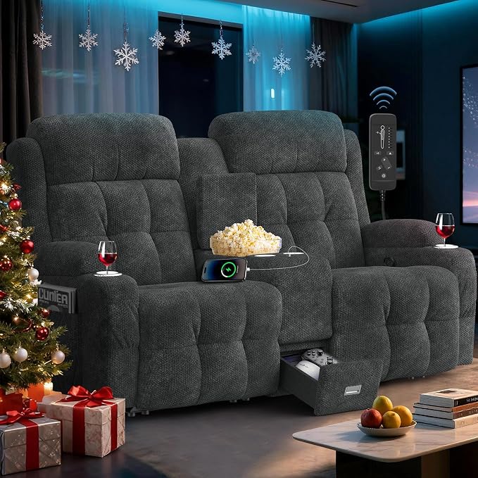 Loveseat Recliner Sofa, Home Theater Seating with Massage, Reclining Loveseats with Console, Wall Hugger RV Couch Movie Theater Chairs, RV Furniture Sofas with USB, Cup Holders, Drawer for Gaming Room