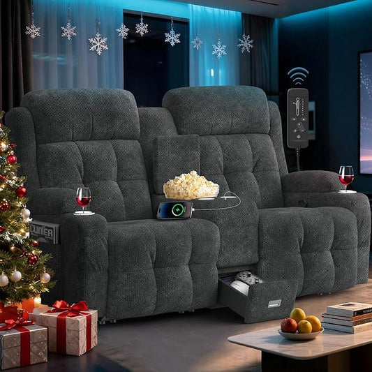 Loveseat Recliner Sofa, Home Theater Seating with Massage, Reclining Loveseats with Console, Wall Hugger RV Couch Movie Theater Chairs, RV Furniture Sofas with USB, Cup Holders, Drawer for Gaming Room