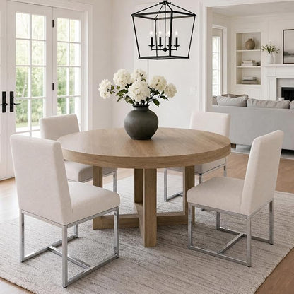 HNY Modern Dining Chairs Set of 4, Upholstered Linen Dining Room Chairs with Ergonomic Back & Polished Silver Metal Frame for Home, Kitchen, Apartment, Cream