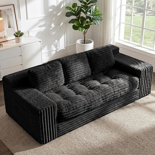 Boneless Couch, Cloud Loveseat Sofa Corduroy Couch in a Box, Upholstered Boneless 3 Seater Couch for Living Room Bedroom Office Apartment, No Assembly Required, Black