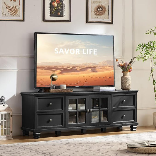 SAVOR LIFE Farmhouse Coffee Table and TV Stand Set of 2, Rustic Wood Living Room Table Set 2 with Center Table, TV Console for Living Room, Black