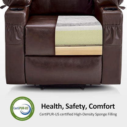 MCombo Power Lift Recliner Chair for Elderly, Lift Chair with Heat and Massage, FSC Certified, USB Ports, Cup Holders, Faux Leather 7141 (Dark Brown, Small)