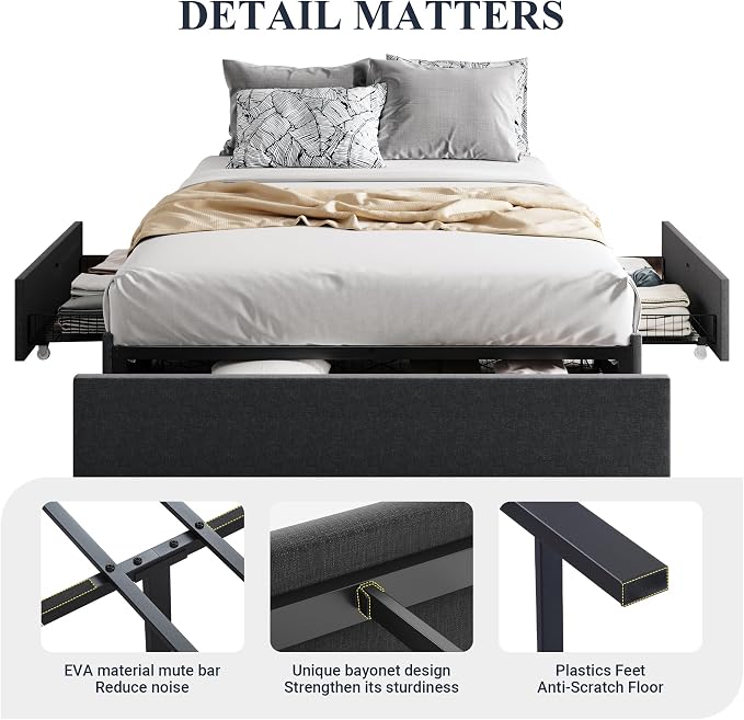 Allewie Queen Size Platform Bed Frame with 3 Storage Drawers, Fabric Upholstered, No Box Spring Needed, Metal Slats Support, Easy Assembly, Dark Gray
