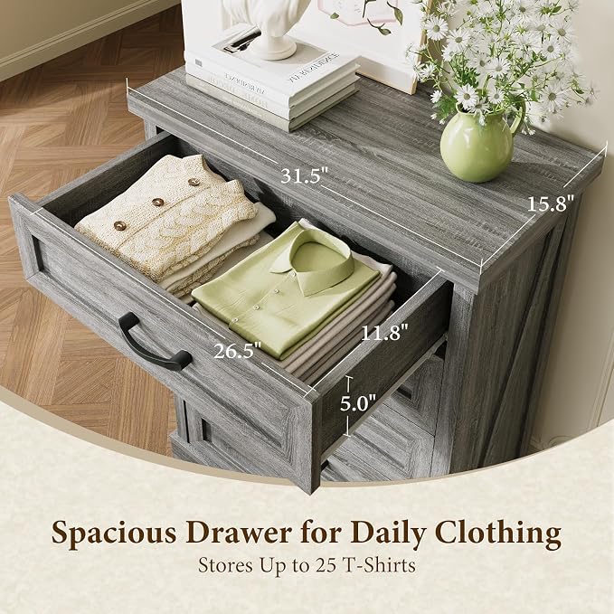 AODK Farmhouse 5 Drawer Dresser for Bedroom, 47" Tall Engineered Wooden Chest of Drawers with Metal Handle, Modern Storage Cabinet and Organizers for Closet, Living Room, Entryway, Gray