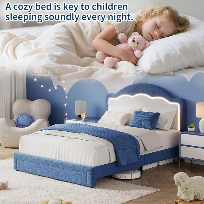 IDEALHOUSE Full Bed Frame with LED Headboard and Under-Bed Drawer, Boucle Fabric Upholstered Platform Bed with LED Light for Kids, Girls, Wooden Slats Support, No Box Spring Needed, Blue
