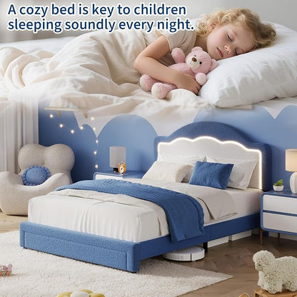 IDEALHOUSE Full Bed Frame with LED Headboard and Under-Bed Drawer, Boucle Fabric Upholstered Platform Bed with LED Light for Kids, Girls, Wooden Slats Support, No Box Spring Needed, Blue
