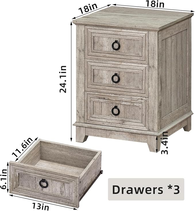 Joaxswe 18" Farmhouse Night Stand with 3 Drawers, Wood End Table Dresser for Bedroom, Retro Oak Nightstand, Bed Side Table with Metal Handle, Bedside Cabinet for Bedroom Living Room, Closet