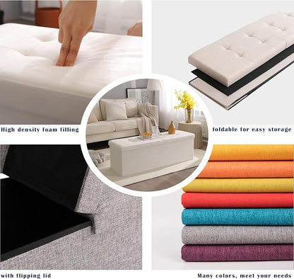 Storage Ottoman Bench Foldable Seat Footrest End of Bed Ottoman with Flipping Lid for Living Room, 75L, 30 inches Linen Fabric Grey