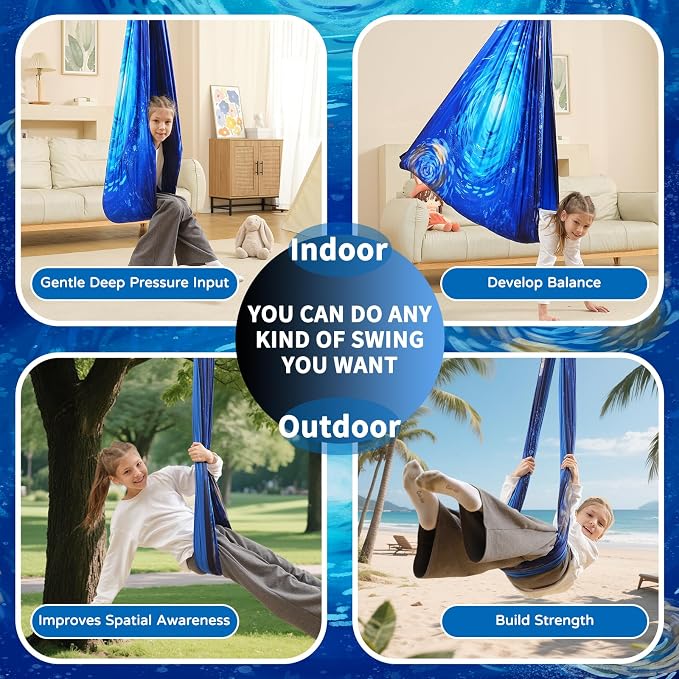 Sensory Swing for Kids Indoor & Outdoor Double Layer Therapy Cuddle Hammock Chair with 360 Swivel Hanger Kit Adjustable Swing for Child and Adult with Aspergers Autism ADHD (Ocean Blue)