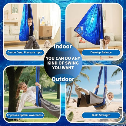Sensory Swing for Kids Indoor & Outdoor Double Layer Therapy Cuddle Hammock Chair with 360 Swivel Hanger Kit Adjustable Swing for Child and Adult with Aspergers Autism ADHD (Ocean Blue)