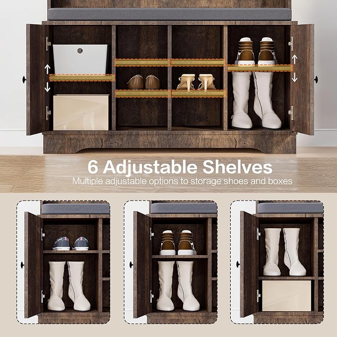 71" Hall Tree with Bench and Shoe Storage, Entryway Hall Tree with 2 Doors and 6 Adjustable Shelves, Cushioned Storage Bench with Coat Rack for Hallway, Living Room, Mudroom