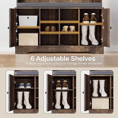 71" Hall Tree with Bench and Shoe Storage, Entryway Hall Tree with 2 Doors and 6 Adjustable Shelves, Cushioned Storage Bench with Coat Rack for Hallway, Living Room, Mudroom