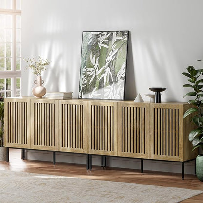 BVIUNTWO Buffet Cabinet with Storage,Set of 2 Farmhouse Console Table with Metal Base and Adjustable Shelves,Sideboard Coffee Bar Cabinet with 6 Doors for Kitchen,Dining Room,Living Room,Oak