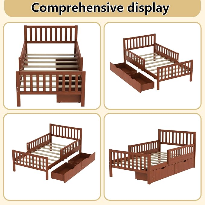 Bellemave Kids Twin Bed Frame with Fences and 2 Drawers, Twin Size Wooden Platform Bed with Guardrails on Both Sides for Boys Girls, Walnut