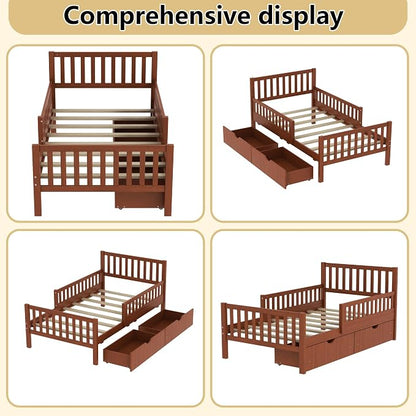 Bellemave Kids Twin Bed Frame with Fences and 2 Drawers, Twin Size Wooden Platform Bed with Guardrails on Both Sides for Boys Girls, Walnut